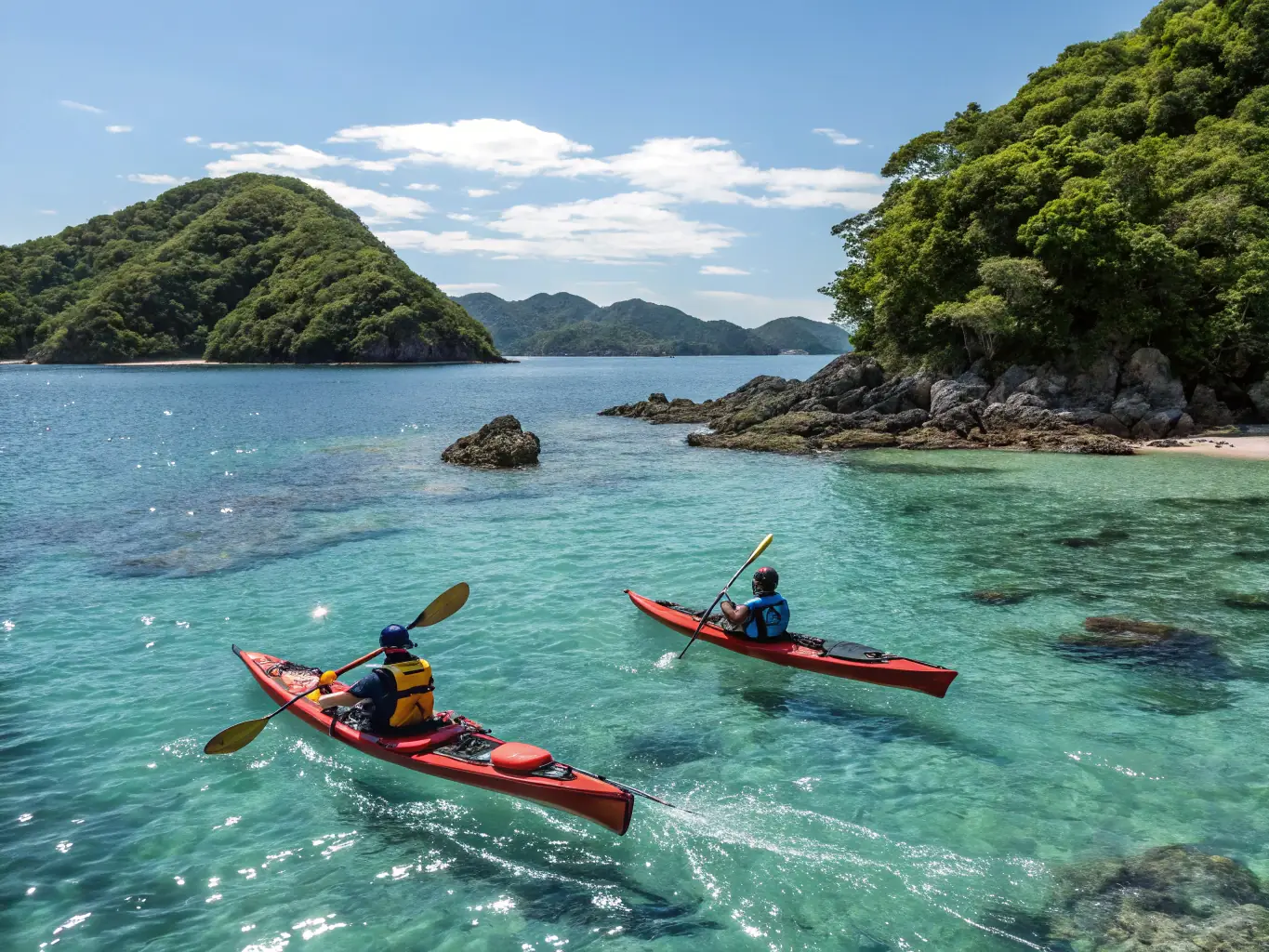 An action shot of kayakers paddling through the clear waters of the Broken Group Islands in British Columbia, highlighting the excitement and beauty of kayaking adventures.