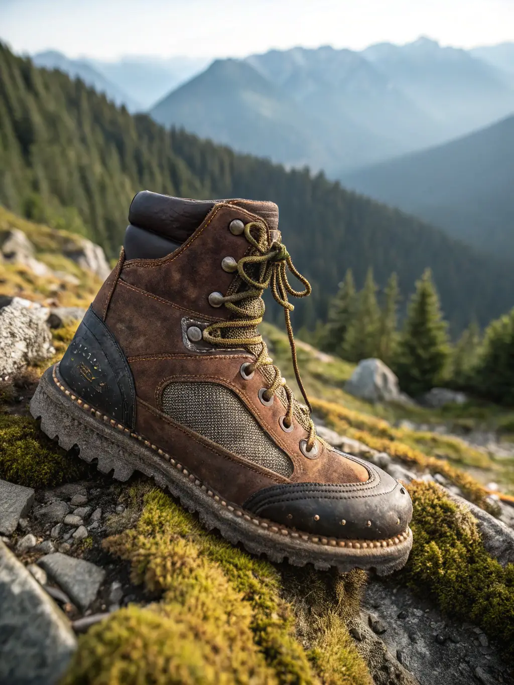 A high-quality photo of a Canadian-made hiking boot on a rocky trail, showcasing its durability and grip.
