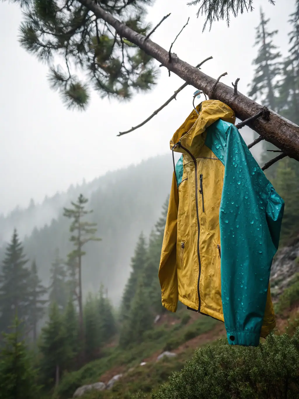 A photo of a person wearing Canadian-made outdoor apparel in a rainy forest, demonstrating its waterproof and breathable qualities.