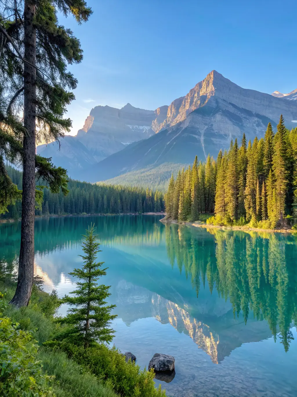A stunning photograph of a hiker standing on a mountain ridge in Banff National Park, Alberta, overlooking a turquoise lake and snow-capped peaks. The hiker is silhouetted against the bright sky, emphasizing the vastness and beauty of the Canadian Rockies.