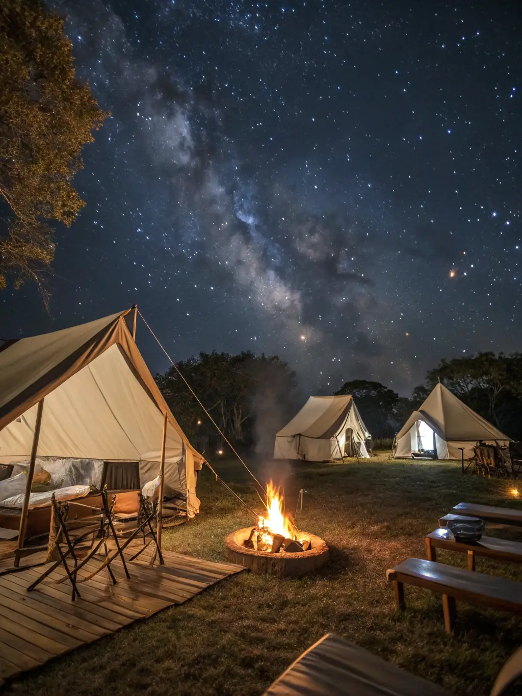 A picturesque scene of a campsite nestled in the boreal forest of Algonquin Provincial Park, Ontario. A crackling campfire illuminates the tents, and the night sky is filled with stars, capturing the essence of Canadian wilderness camping.