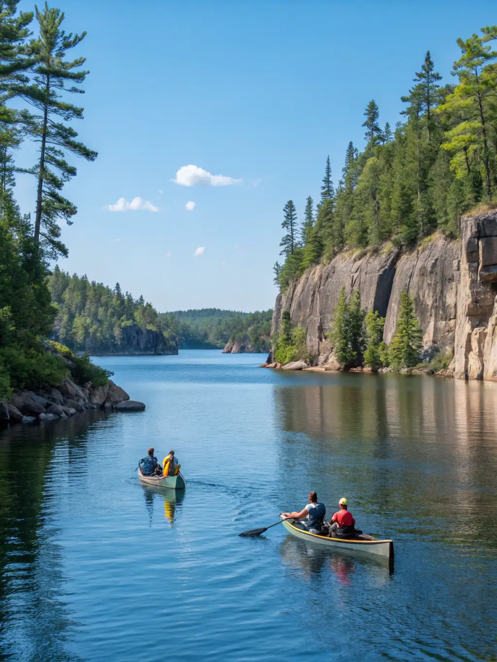 A vibrant image of kayakers paddling through the calm, clear waters of the Georgian Bay, Ontario. The shoreline is dotted with windswept pine trees and smooth granite rocks, showcasing the rugged beauty of the Canadian Shield.
