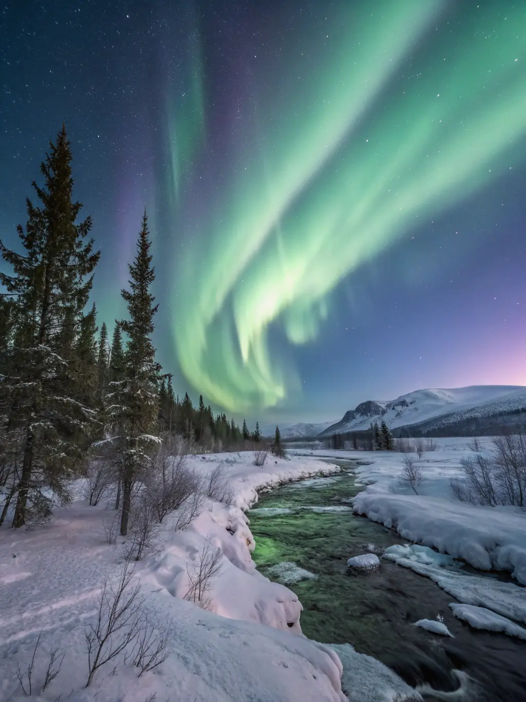 An awe-inspiring photograph of the Northern Lights (Aurora Borealis) dancing across the night sky in the Yukon Territory. The vibrant green and purple lights illuminate the snow-covered landscape, creating a magical and unforgettable scene.